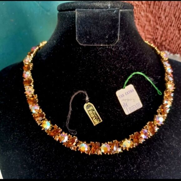 VTG SIGNED TRIFARI AB TOPAZ RHINESTONE GOLD TONE NECKLACE w/tags box 1960 - Picture 10 of 16